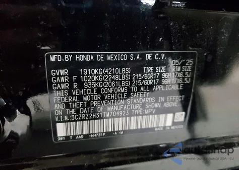 2026 Honda Hr-V Lx z USA, uszkodzony, nr VIN 3CZRZ2H31TM704923